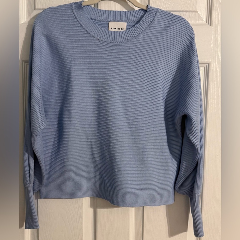 Pink Rose Ribbed Knit Sweater Light Blue Size Large
